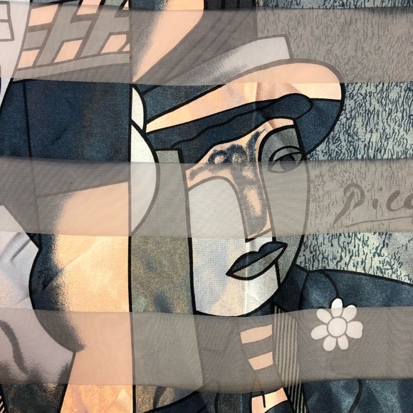 Picasso blue silky illustrated stripe square scarf - Picture 3 of 7